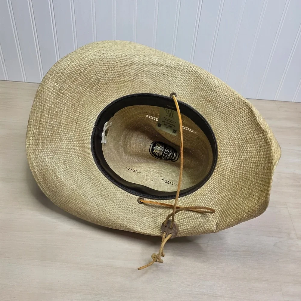 Stetson Roadrunner Straw Cowboy Hat Tan Bryantcote Finish Feather Mens Size 7